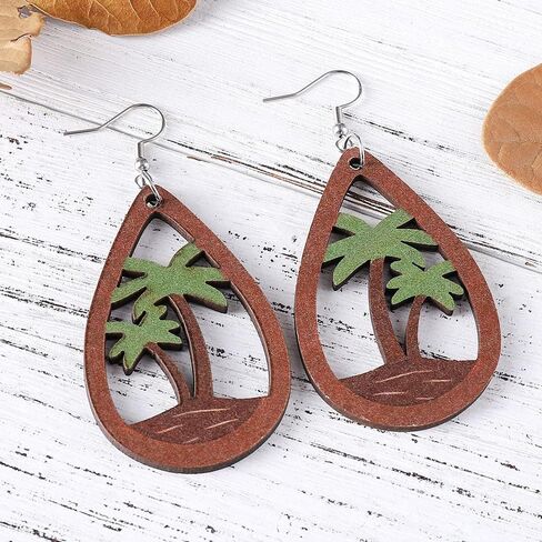 Azusa Sun Coconut Palm Tree Dangle Earrings Hypoallergenic, Funny Tropical Wooden Earrings Beach Earrings Gifts for Hawaiian Girls, Teenager, Women in Saudi Arabia