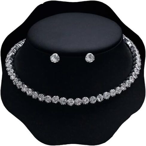 Shegirl Rhinestone Necklace Earrings Set Silver Choker Necklace Fashion Crystal Earrings Wedding Jewelry Set for Brides and Women in Kuwait