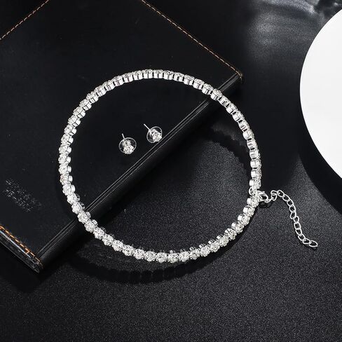 Shegirl Rhinestone Necklace Earrings Set Silver Choker Necklace Fashion Crystal Earrings Wedding Jewelry Set for Brides and Women in Kuwait