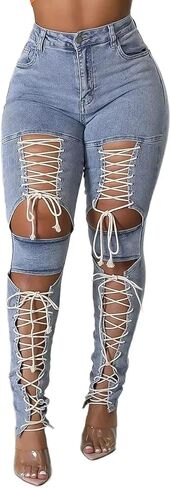 Flamingals Women's High Waist Skinny Jeans for Women Lace Up Cut Out Y2K Jeans in Saudi Arabia