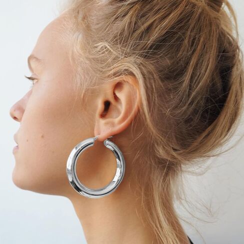 أقراط حلقية من الفضة الإسترلينية 14 قيراط مطلية بالذهب للنساء أقراط حلقية مكتنزة سميكة خفيفة الوزن لا تسبب الحساسية للنساء، أنبوب 4 مم in Kuwait