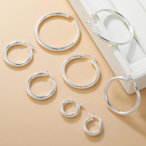 أقراط حلقية من الفضة الإسترلينية 14 قيراط مطلية بالذهب للنساء أقراط حلقية مكتنزة سميكة خفيفة الوزن لا تسبب الحساسية للنساء، أنبوب 4 مم in Kuwait