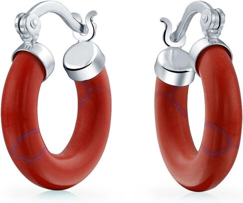 Medium Size Enhanced Gemstone Red Orange Coral Blue Turquoise Pink Jade Black Onyx Round Tube Hoop Earrings Western Jewelry For Women Teen .925 Sterling Silver .75 Inch Diameter in Saudi Arabia