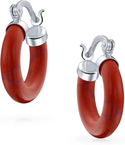 Medium Size Enhanced Gemstone Red Orange Coral Blue Turquoise Pink Jade Black Onyx Round Tube Hoop Earrings Western Jewelry For Women Teen .925 Sterling Silver .75 Inch Diameter in Saudi Arabia