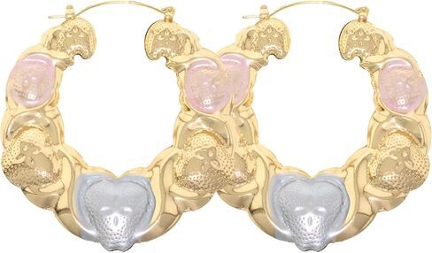 Women's 14k Gold Filled Tri Colored X Heart XO Starburst Hugs Kisses Love Puffy Hollow Hoop Earrings Small Medium Large 45-65mm in Kuwait