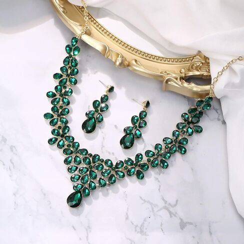 BriLove Women's Wedding Bridal Teardrop Cluster Crystal Statement Necklace Dangle Earrings Set for Bride in Saudi Arabia