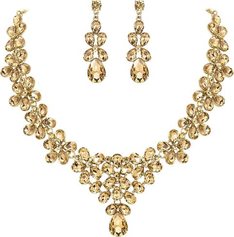 BriLove Women's Wedding Bridal Teardrop Cluster Crystal Statement Necklace Dangle Earrings Set for Bride in Saudi Arabia