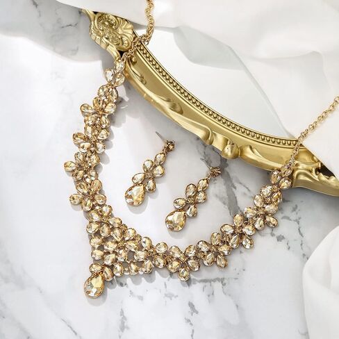 BriLove Women's Wedding Bridal Teardrop Cluster Crystal Statement Necklace Dangle Earrings Set for Bride in Saudi Arabia