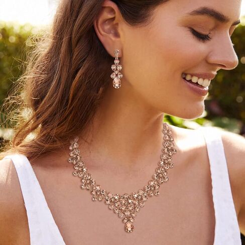 BriLove Women's Wedding Bridal Teardrop Cluster Crystal Statement Necklace Dangle Earrings Set for Bride in Saudi Arabia
