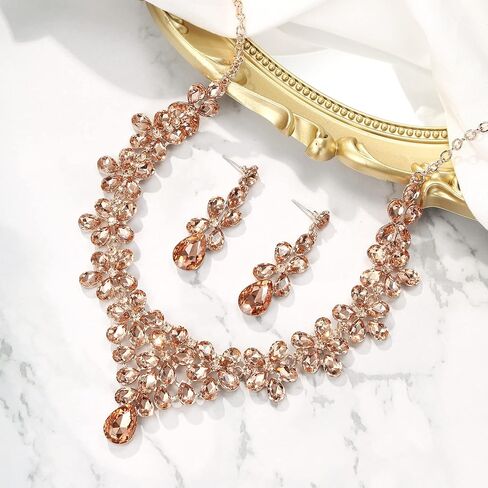 BriLove Women's Wedding Bridal Teardrop Cluster Crystal Statement Necklace Dangle Earrings Set for Bride in Saudi Arabia