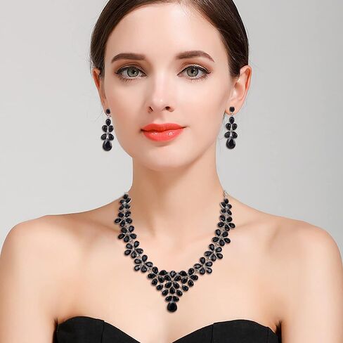 BriLove Women's Wedding Bridal Teardrop Cluster Crystal Statement Necklace Dangle Earrings Set for Bride in Saudi Arabia