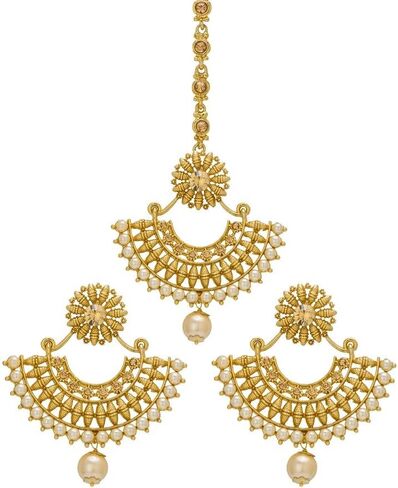 قطعة رأس على شكل قطرة من اللؤلؤ الصناعي على شكل نصف قمر ماانج تيكا مع أقراط هندية للنساء in Kuwait