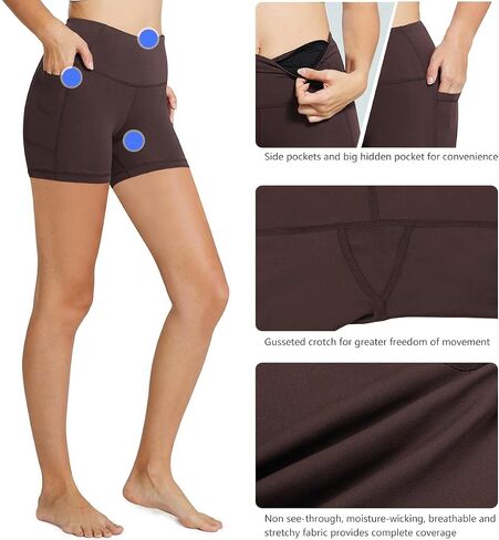 BALEAF Biker Shorts Women Yoga Gym Workout Spandex Running Volleyball Tummy Control Compression Shorts with Pockets 8" Brown XXXL in Saudi Arabia