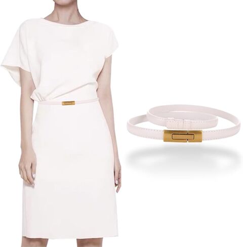 Women's Belt Adjustable Skinny Genuine Leather Belts For Dress Pants, Slim Waist Belt Gold Bronze Buckle Waistband in Saudi Arabia