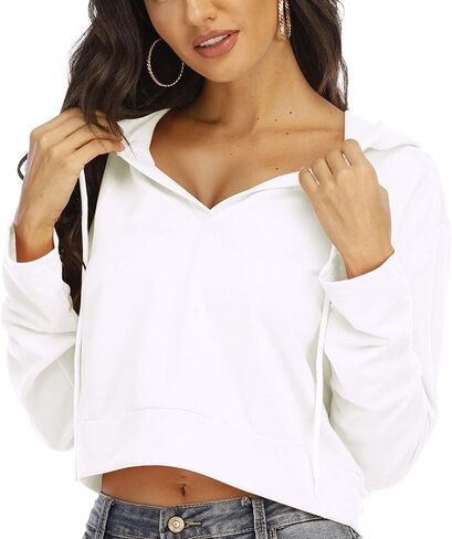 Anbenser Womens Cropped Hoodies Long Sleeve Pullover Crop Top Deep V Neck Sweatshirt in Kuwait