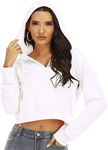 Anbenser Womens Cropped Hoodies Long Sleeve Pullover Crop Top Deep V Neck Sweatshirt in Kuwait