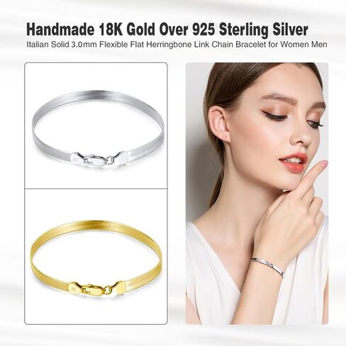 Bellitia Jewelry Platinum/Gold Plated 925 Sterling Silver Dainty Snake Bone Bracelet for Women, Tiny Sideways Cross Bracelets Layered Herringbone Chain Bracelet Handmade Jewelry Gift in Saudi Arabia