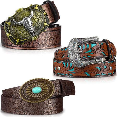 Toulite 3 Pcs Vintage Western Belts for Women Unisex Country Belt Cowgirl Cowboy Belt Women Engraved Tooled Leather Belts Vintage Turquoise Concho Belt Cintos Vaqueros Belt Buckles for Pants Dresses in Saudi Arabia