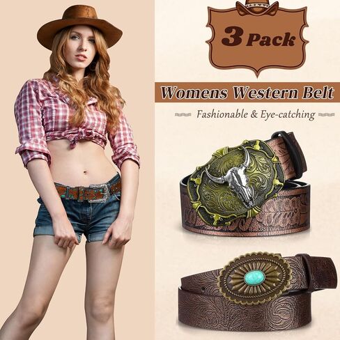 Toulite 3 Pcs Vintage Western Belts for Women Unisex Country Belt Cowgirl Cowboy Belt Women Engraved Tooled Leather Belts Vintage Turquoise Concho Belt Cintos Vaqueros Belt Buckles for Pants Dresses in Saudi Arabia