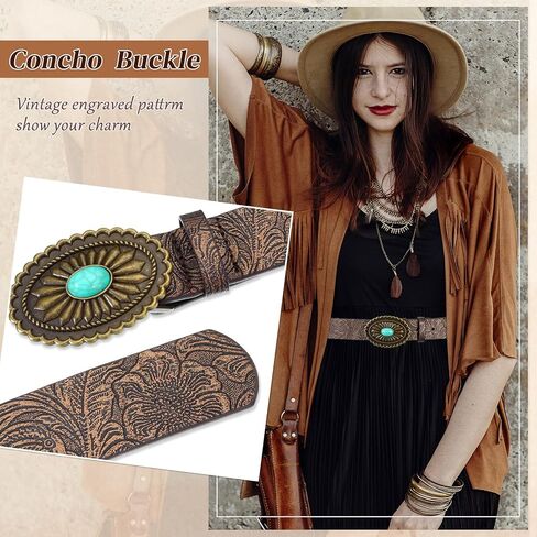 Toulite 3 Pcs Vintage Western Belts for Women Unisex Country Belt Cowgirl Cowboy Belt Women Engraved Tooled Leather Belts Vintage Turquoise Concho Belt Cintos Vaqueros Belt Buckles for Pants Dresses in Saudi Arabia