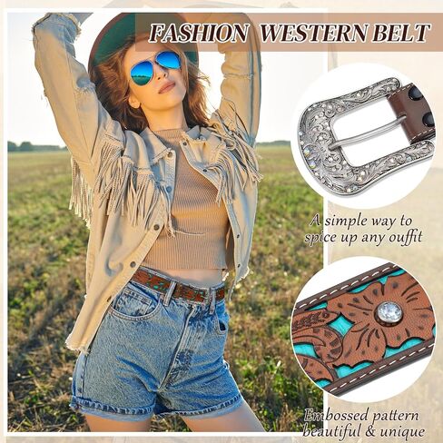 Toulite 3 Pcs Vintage Western Belts for Women Unisex Country Belt Cowgirl Cowboy Belt Women Engraved Tooled Leather Belts Vintage Turquoise Concho Belt Cintos Vaqueros Belt Buckles for Pants Dresses in Saudi Arabia