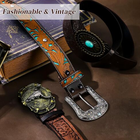 Toulite 3 Pcs Vintage Western Belts for Women Unisex Country Belt Cowgirl Cowboy Belt Women Engraved Tooled Leather Belts Vintage Turquoise Concho Belt Cintos Vaqueros Belt Buckles for Pants Dresses in Saudi Arabia