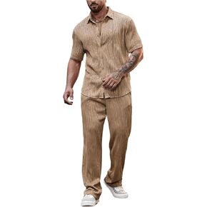 GORGLITTER Men's Two Piece Outfits Button Front Collar Shirt and Drawstring Waist Pant with Pockets