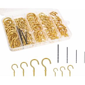 Mariyandh 122 Pcs Ceiling Hooks Kit 7 Sizes Nickel Plating Gold Screw in Siding Hooks for Hanging Outdoor,Plant, Kitchen, Cup(1/2in,5/8in,3/4in,7/8in,1'',1-1/4in,1-1/2in)+4 Sizes Drill (1.5/2/2.5/3mm)