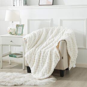 Wajade Plush Faux Rabbit Fur Throw Blanket, Soft Diamond Pattern Jacquard Double-Layered Fluffy Fleece Blanket for All Seasons Cozy Decorative Blanket for Couch Bed Sofa, 50 x 60 inches, Ivory White