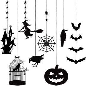 16 Pcs Halloween Decorative Hanging Ornaments PVC Waterproof Pumpkin Witch Hanging Decor Haunted House Bat Spider Halloween Ornaments for Tree Party Black Halloween Decoration Hanging Signs with Rope