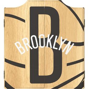 Trademark Global Dart Board Cabinet Set - Brooklyn Nets Fade Dart Board with 6 Steel Tip Darts, Scoreboard, Hanging Wood Cupboard