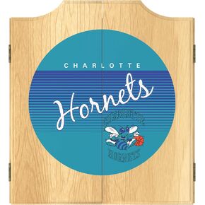 Trademark Global Dart Board Cabinet Set - Charlotte Hornets Hardwood Classics Dart Board with 6 Steel Tip Darts, Scoreboard, Hanging Wood Cupboard