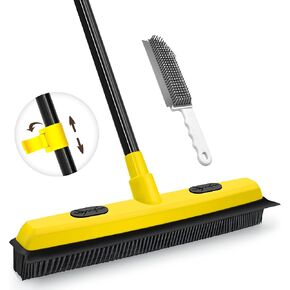 JEHONN Rubber Broom with Squeegee, Pet Hair Remover 52.8 inches Long Handle, Push Fur Removal Tool with Portable Detailing Lint Brush for Fluff Carpet, Window, Tile, Hardwood Floor Cleaning (Yellow)