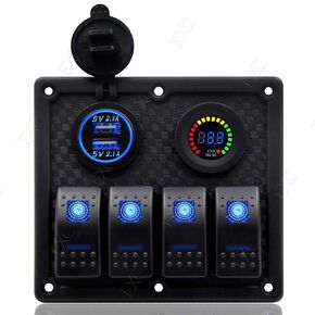 FXC Waterproof Marine Boat Rocker Switch Panel 4 Gang with Momentary Horn Switch, Dual USB Slot Socket + LED Voltmter + Cigarette Lighter LED Light for Car Rv Vehicles Truck