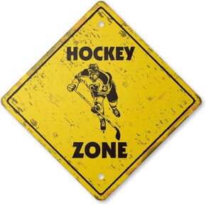 Hockey Vintage Crossing Sign Zone Xing | Indoor/Outdoor Plastic | 17" Tall Rustic New Caution Puck Stick Player Team Trophy Award Coach mask
