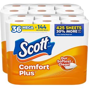 Scott ComfortPlus Toilet Paper, 12 Double Rolls, 231 Sheets per Roll, Septic-Safe, 1-Ply Toilet Tissue