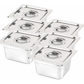 6 Pack Steam Table Pan, 4in Deep 1/6 Size Stainless Steel Food Pan Stackable Catering Pan with Lid for Restaurant, Hotel, Buffet, Party Supplies, 1.5L Capacity, Silver, KHJ93