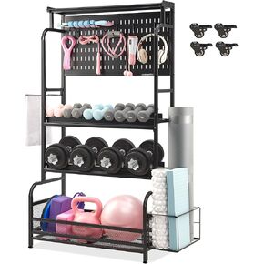 63'' Taller Home Gym Storage, Large Yoga Mat Storage with Hanging Board, Exercise Workout Equipment Storage for Home Gym, All-in-One Dumbbell, Kettlebell, Resistance Band Rack with Wheels and Hooks