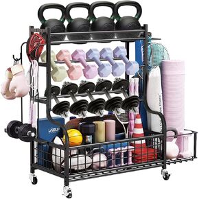 Dumbbell Rack, Weight Rack for Kettlebells, Heavy-Duty Home Gym Storage Rack for Yoga Mat and Workout Equipment, Storage Holder with Wheels, Hooks and Mesh Top
