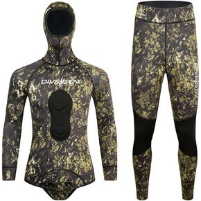 WYYHAA 1.5MM Neoprene Spearfishing Wetsuit with Hooded, 2 Pieces Camouflage Hunting Diving Suit for Cool Water Freediving Snorkeling