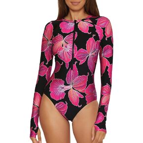 Trina Turk Women's Paddle One Piece Swimsuit, Rash Guard, Uv Protection, Zip Front, Long Sleeve, Bathing Suits