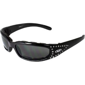 Global Vision Marilyn-3 Women's Ladies Padded Motorcycle Sunglasses Bling Black Studded Frames & G-Tech Blue Mirror Lenses