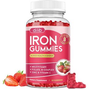 Iron Gummies with Multivitamin, Iron Supplement for Women & Men with Zinc, Vitamin B Complex & C, B12, Folate - Blood Builder & Energy Support for Adults & Kids - Strawberry Flavor, Vegan 60 Gummies