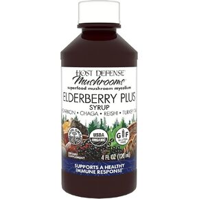 Host Defense Elderberry Plus Syrup - Immune & Respiratory Supplement* - Liquid Mushroom Supplement with Turkey Tail, Reishi, Agarikon & Chaga* - Lung Support Supplement* - 4 fl oz (12 Servings)