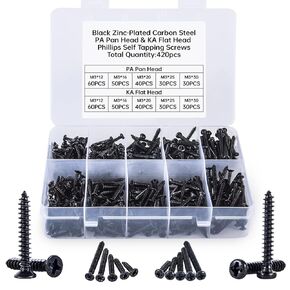 Self Tapping Screws Assortment Set 420 Pcs, Black Zinc-Plated Carbon Steel PA Pan Head & KA Flat Head Phillips Self Tapping Screws Phillips Wood Screws Self Tapping Drilling Screws