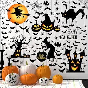 Haull Watercolor Halloween Wall Stickers Halloween Haunted House Wall Decals Witch Bats Pumpkin Crow Wall Decals Peel and Stick Vinyl Wall Decor for Party Supplies Gift, 6 Sheet(Classic Style)