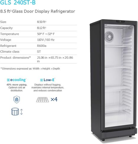 GRS Light Commercial Refrigerator with Double-Tempered Single Glass Door - 7.1 Cubic Feet Display Beverage Fridge, eCooler System, Ideal for Convenience Stores - Black in Saudi Arabia