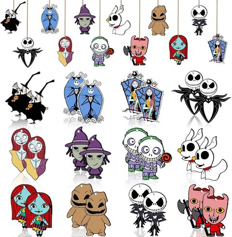 كابوس عيد الميلاد زينة الهالوين جاك سكيلينغتون الحلي 24 قطعة من 12 أنماط الهالوين الحلي الخشبية المعلقة مع حبل شجرة زينة زينة لمستلزمات حفلات الهالوين in Kuwait