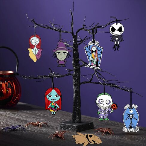 كابوس عيد الميلاد زينة الهالوين جاك سكيلينغتون الحلي 24 قطعة من 12 أنماط الهالوين الحلي الخشبية المعلقة مع حبل شجرة زينة زينة لمستلزمات حفلات الهالوين in Kuwait