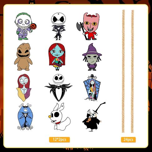 كابوس عيد الميلاد زينة الهالوين جاك سكيلينغتون الحلي 24 قطعة من 12 أنماط الهالوين الحلي الخشبية المعلقة مع حبل شجرة زينة زينة لمستلزمات حفلات الهالوين in Kuwait